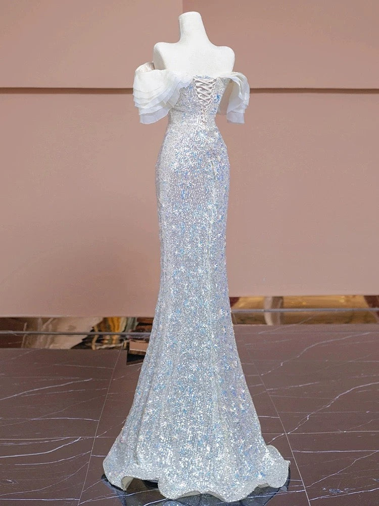 Elegant Sheath Off The Shoulder Silver Sequins Long Prom Dresses