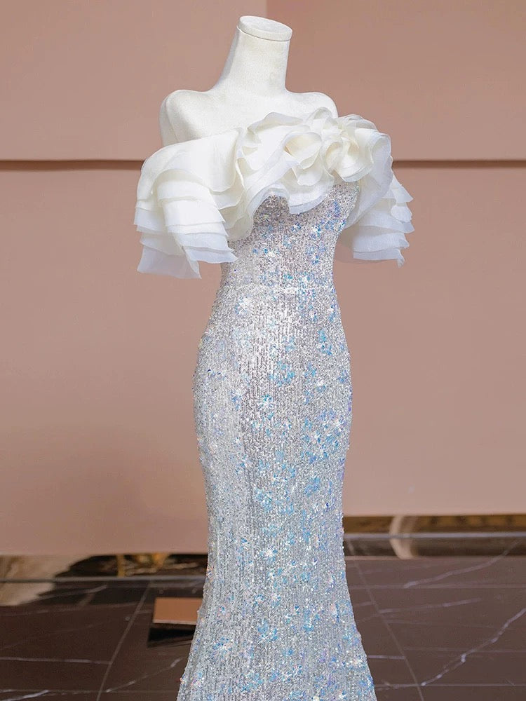 Elegant Sheath Off The Shoulder Silver Sequins Long Prom Dresses