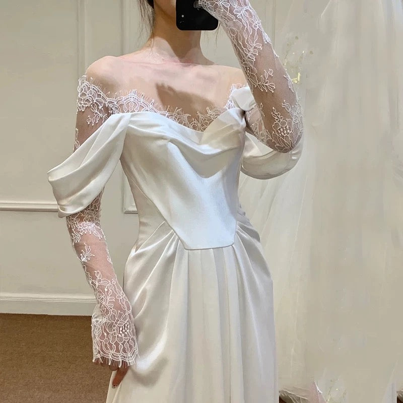 Timeless A Line Off The Shoulder Long Lace White Wedding Dresses With Slit