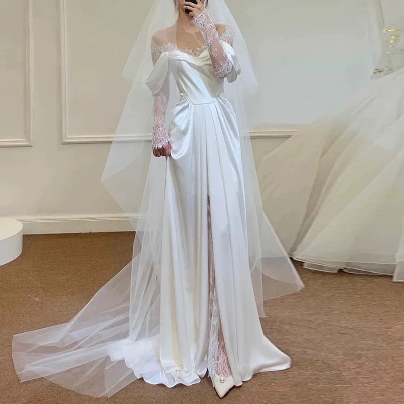 Timeless A Line Off The Shoulder Long Lace White Wedding Dresses With Slit