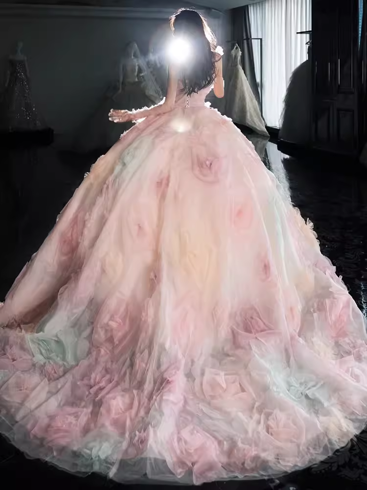 Cute Ball Gown Strapless Neckline Tulle Pink Flowers Wedding Dress