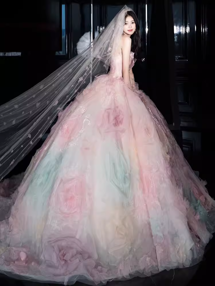 Cute Ball Gown Strapless Neckline Tulle Pink Flowers Wedding Dress