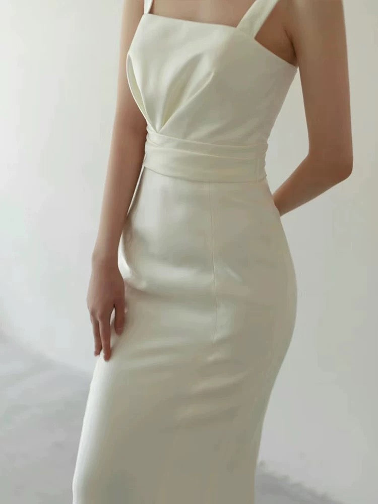 Timeless Sheath Straps Long Satin White Wedding Dresses