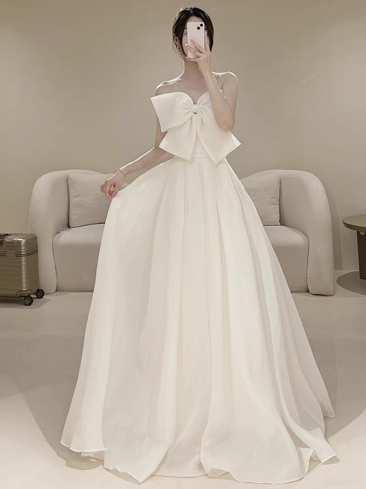 Timeless A line Strapless Long Satin White Wedding Dresses With Bow