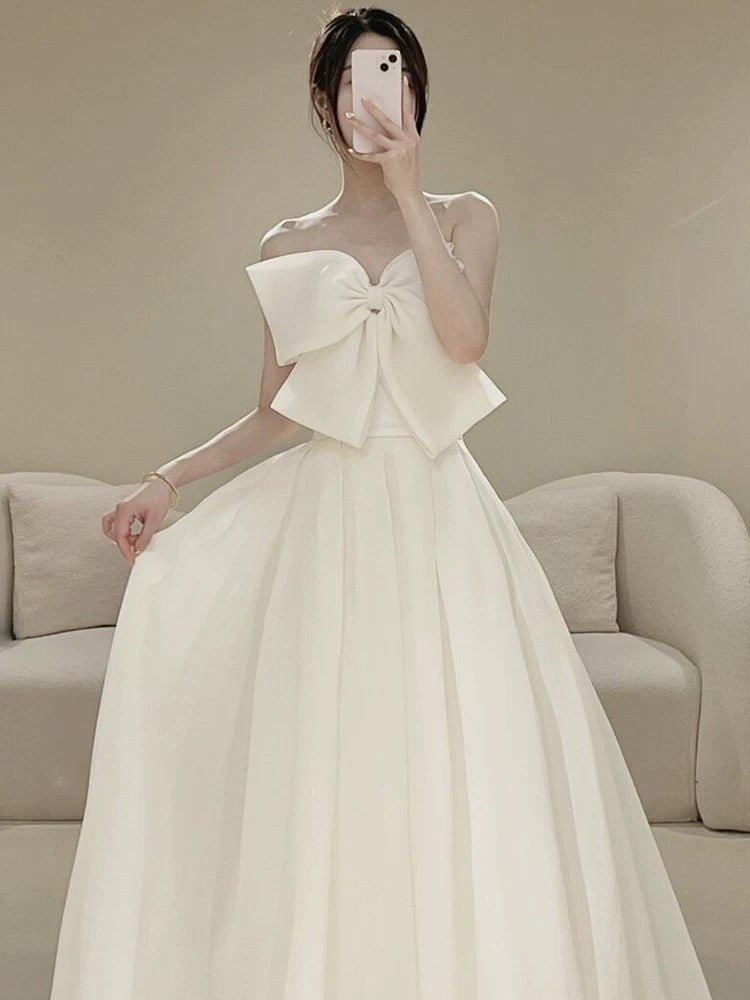 Timeless A line Strapless Long Satin White Wedding Dresses With Bow