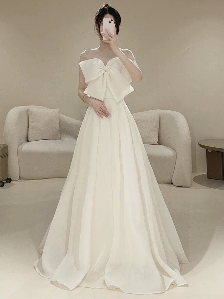 Timeless A line Strapless Long Satin White Wedding Dresses With Bow