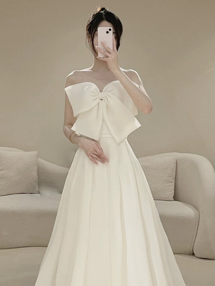 Timeless A line Strapless Long Satin White Wedding Dresses With Bow