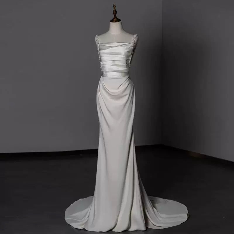Timeless Sheath Straps Long Satin White Wedding Dresses With Beads