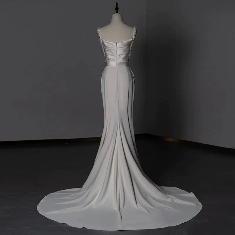 Timeless Sheath Straps Long Satin White Wedding Dresses With Beads