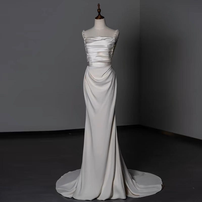 Timeless Sheath Straps Long Satin White Wedding Dresses With Beads