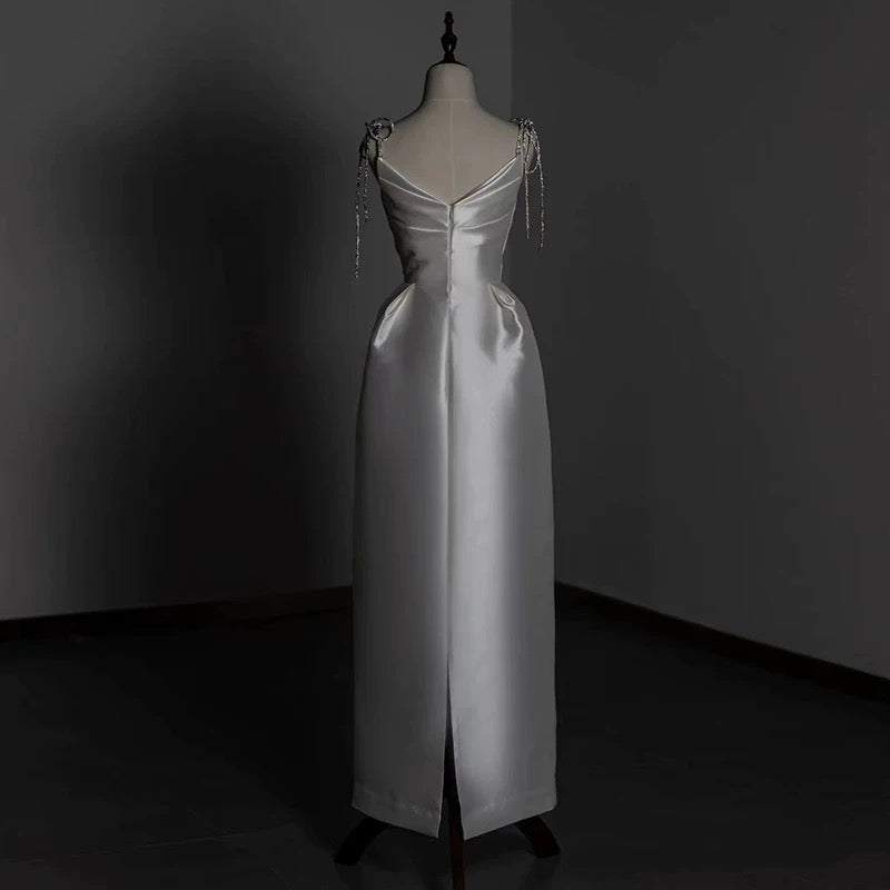 Timeless A line Sweetheart Long Satin White Wedding Dresses With Silver Beads