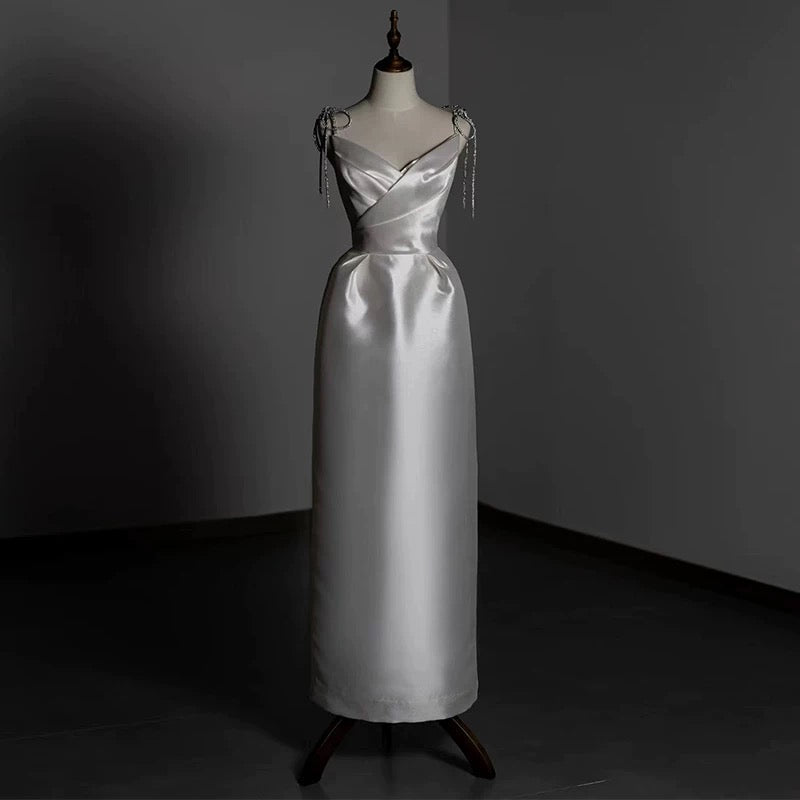 Timeless A line Sweetheart Long Satin White Wedding Dresses With Silver Beads