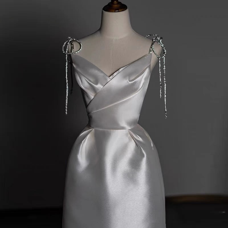 Timeless A line Sweetheart Long Satin White Wedding Dresses With Silver Beads