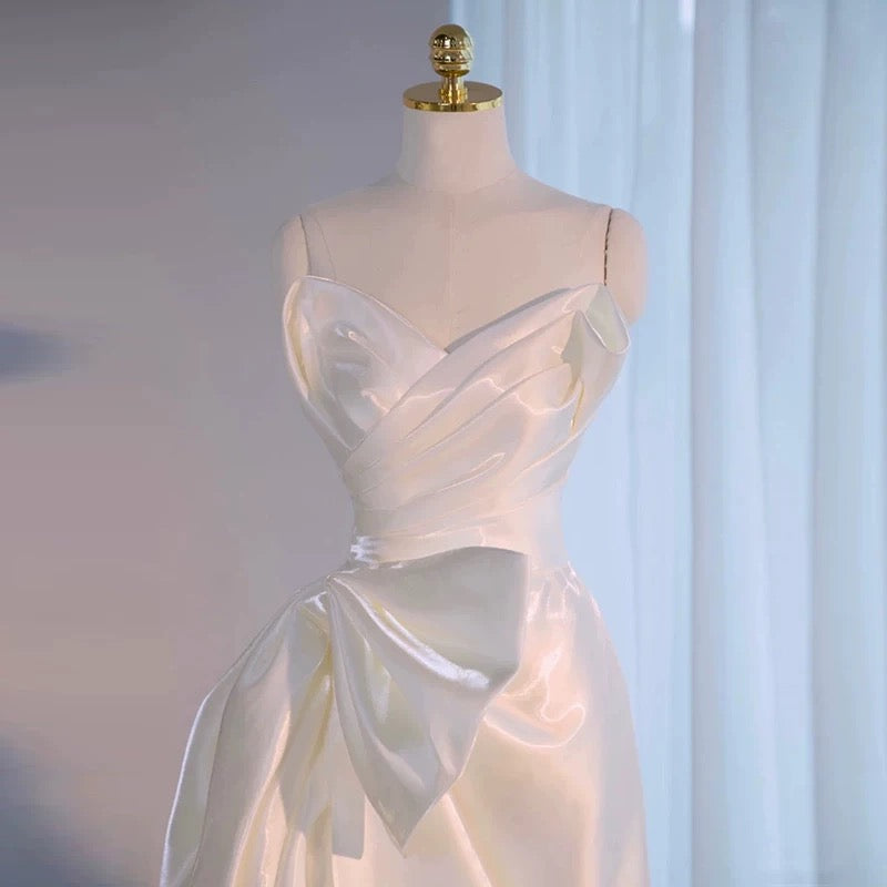 Simple High Low Sweetheart Long Satin White Wedding Dresses With Ruffles