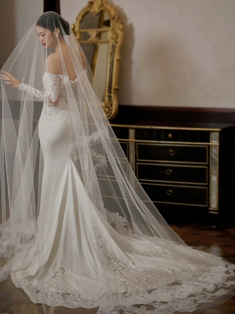 Unique Mermaid Off The Shoulder Lace Long Sleeves White Wedding Dresses