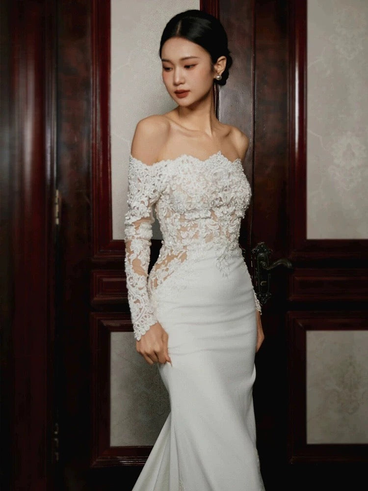 Unique Mermaid Off The Shoulder Lace Long Sleeves White Wedding Dresses