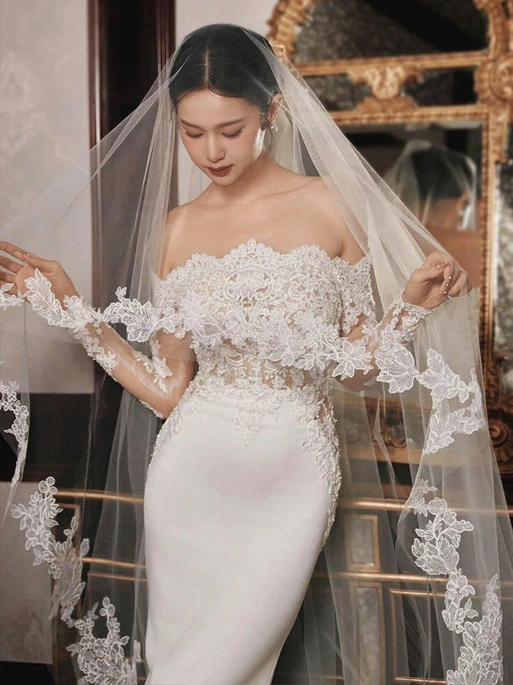 Unique Mermaid Off The Shoulder Lace Long Sleeves White Wedding Dresses