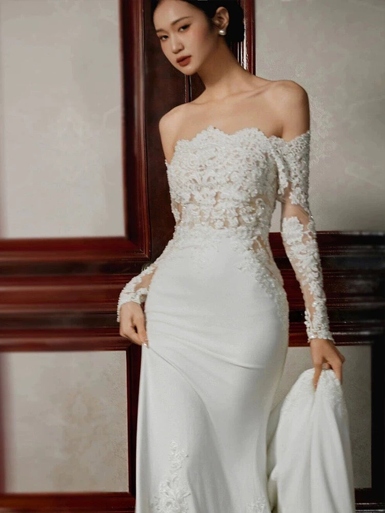Unique Mermaid Off The Shoulder Lace Long Sleeves White Wedding Dresses