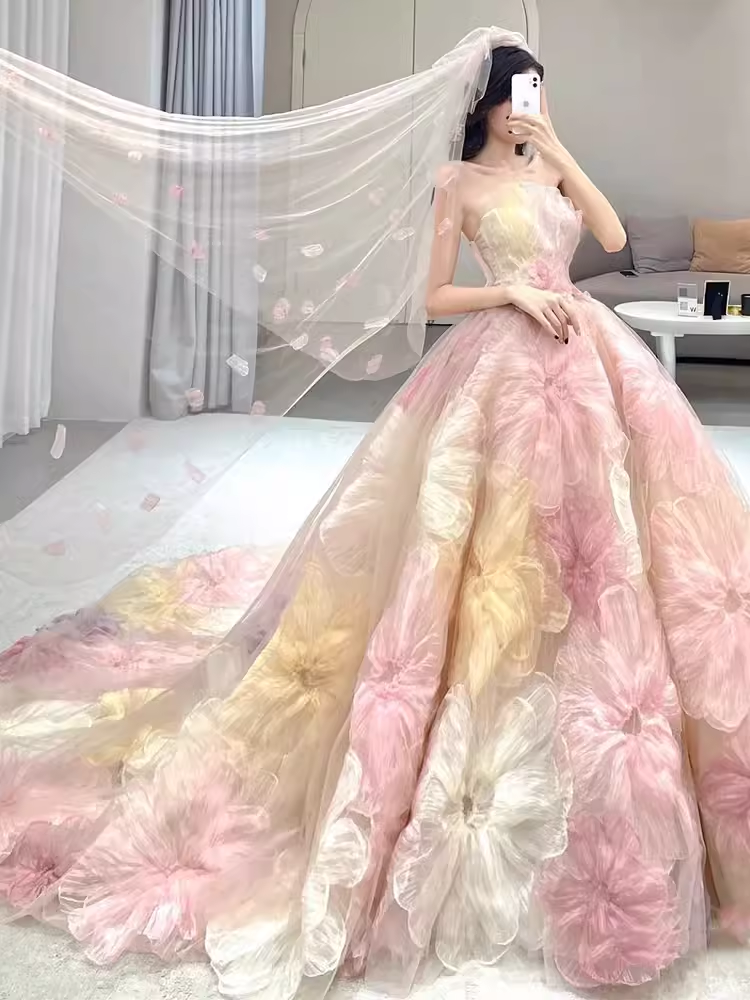 Cute Ball Gown Strapless Neckline Tulle Pink Flowers Wedding Dress