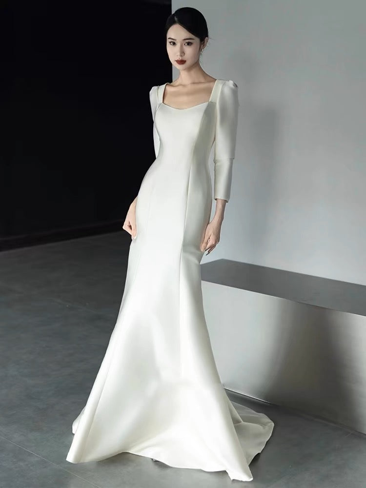 Unique Mermaid Square Neckline Long Sleeves White Satin Wedding Dresses