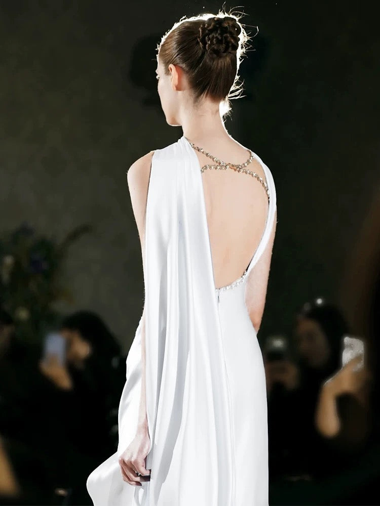 Unique Sheath Strapless Satin Slit White Wedding Dresses With Ribbon