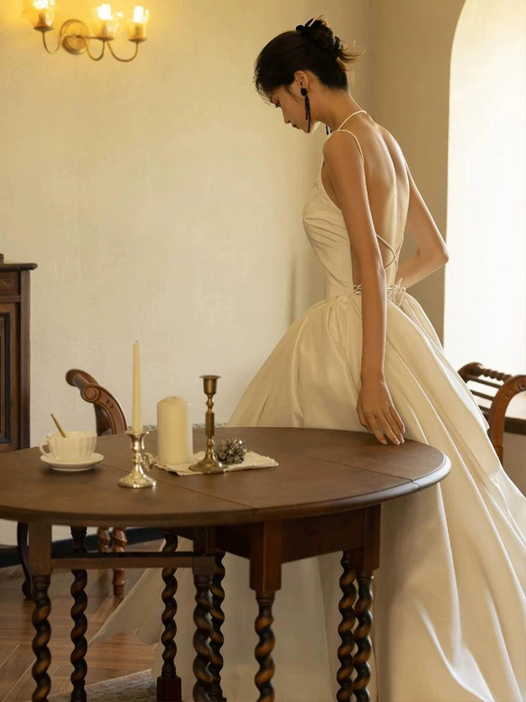 Unique Ball Gown Scoop Satin Backless Long White Wedding Dresses