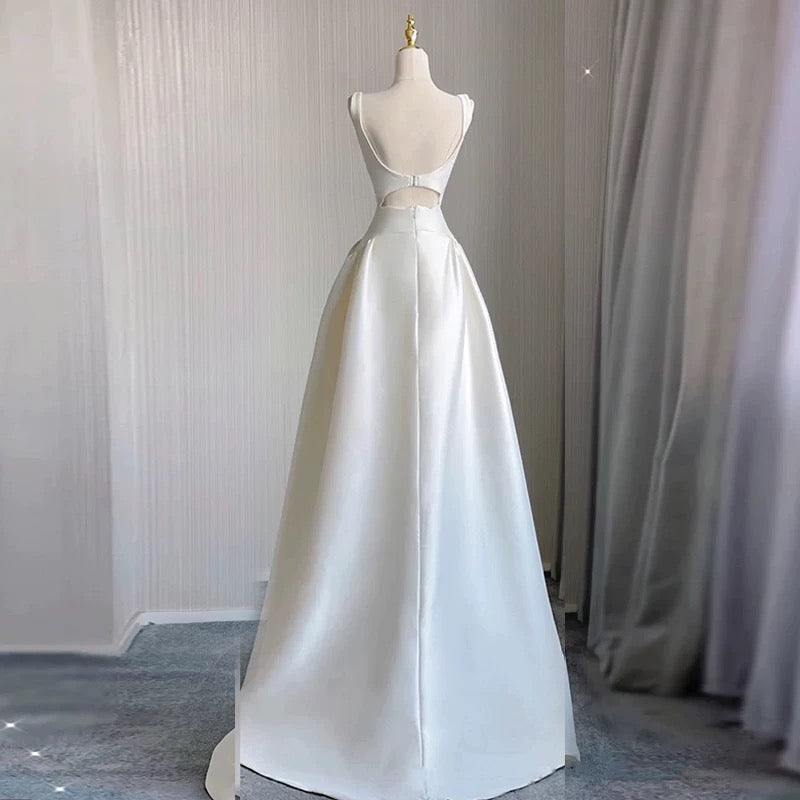 Unique High Low Straps Satin Long White Wedding Dresses