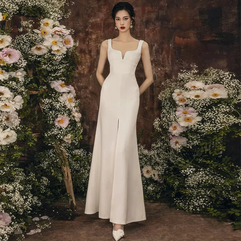 Unique Sheath Straps Satin Long White Slit Wedding Dresses