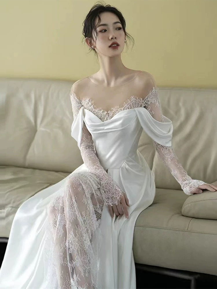 Unique Sheath Off The Shoulder Satin Long Sleeves White Slit Wedding Dresses