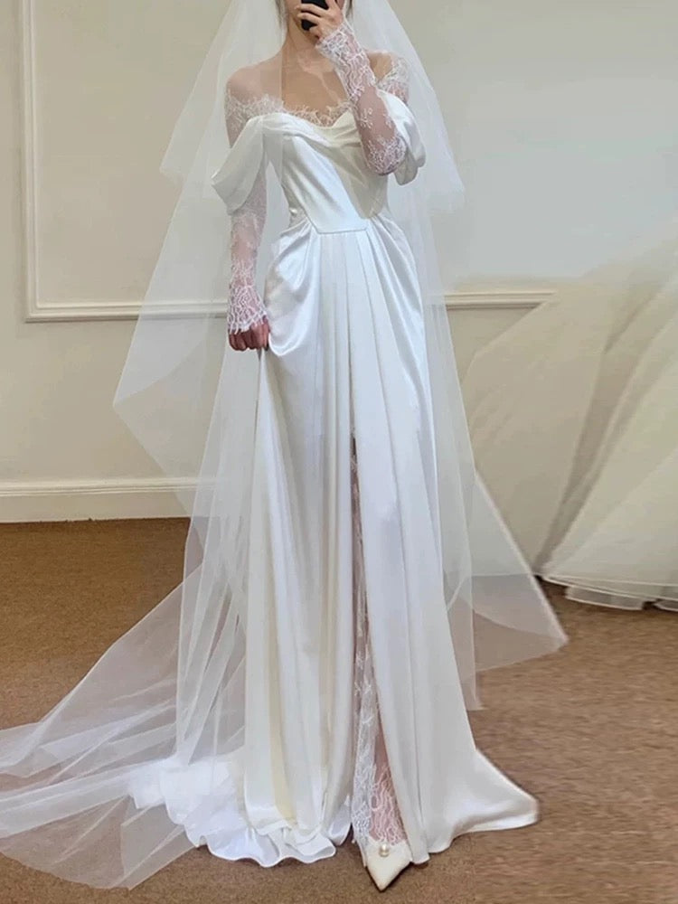 Unique Sheath Off The Shoulder Satin Long Sleeves White Slit Wedding Dresses