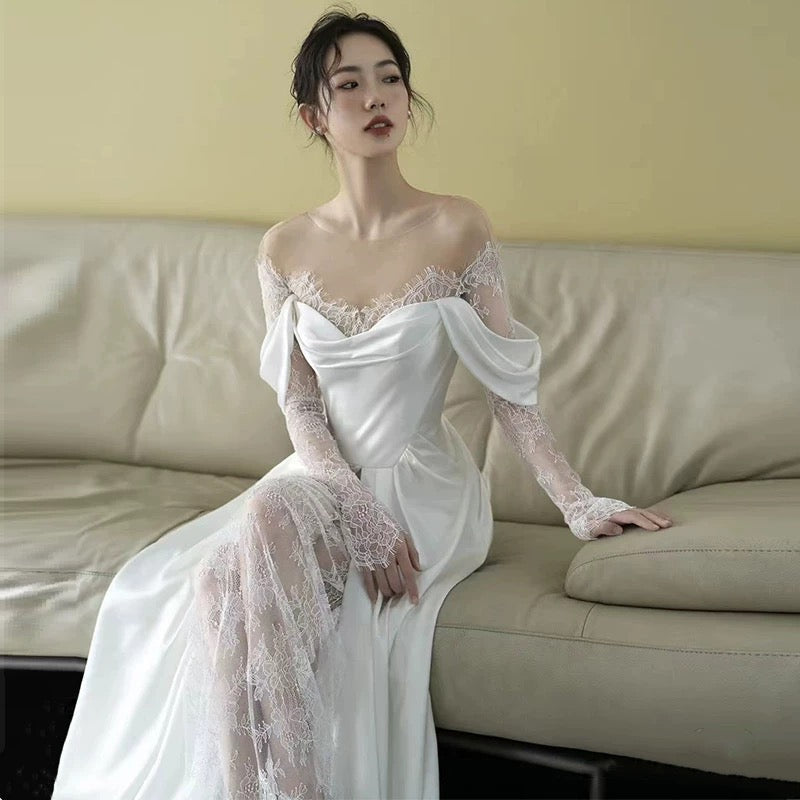 Unique Sheath Off The Shoulder Satin Long Sleeves White Slit Wedding Dresses