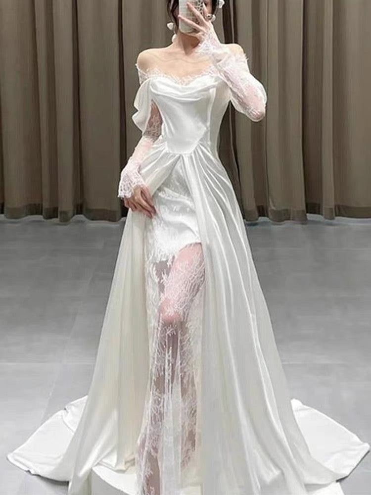 Unique Sheath Off The Shoulder Satin Long Sleeves White Slit Wedding Dresses
