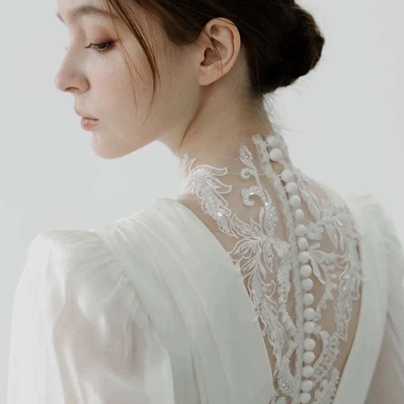 Chic A line High Neckline Lace Long Sleeves White Wedding Dresses