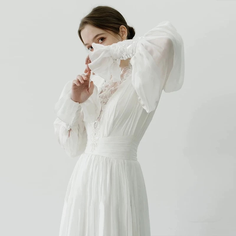 Chic A line High Neckline Lace Long Sleeves White Wedding Dresses