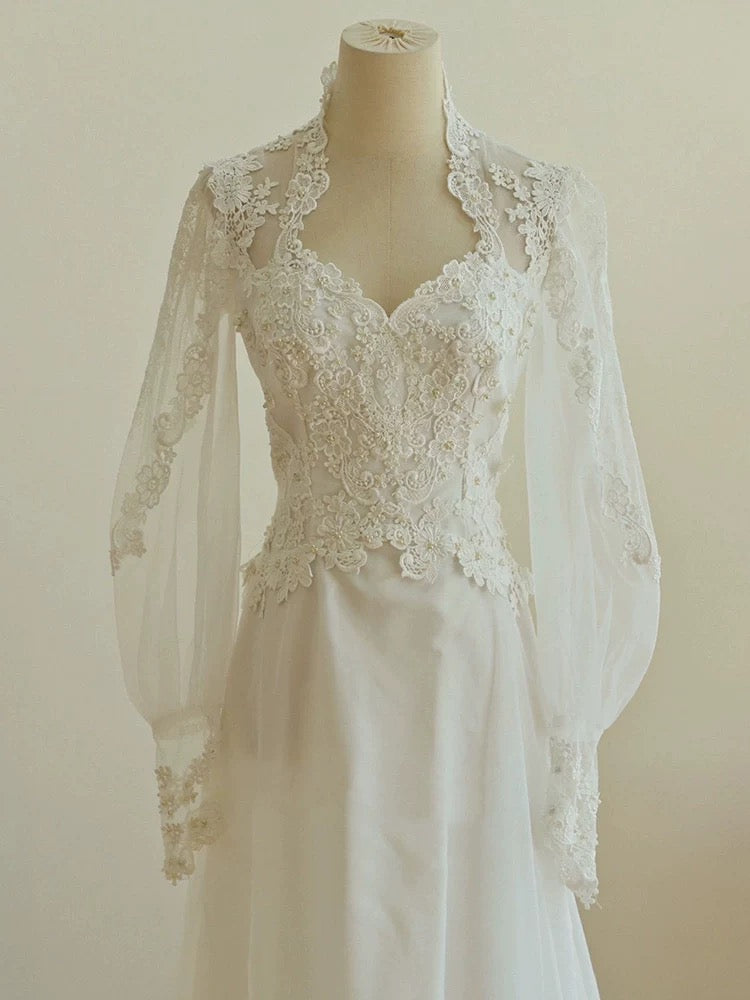 Chic A line Sweetheart Lace Long Sleeves White Wedding Dresses