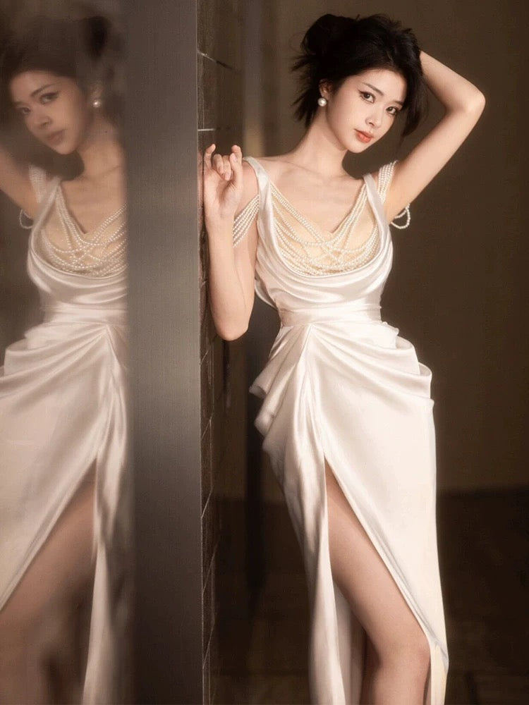 Unique Sheath Straps Satin Long White Slit Pearls Wedding Dresses