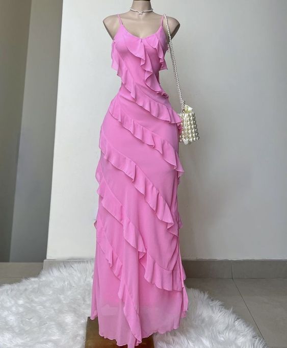Elegant Sheath Spaghetti Straps Chiffon Pink Long Prom Dresses
