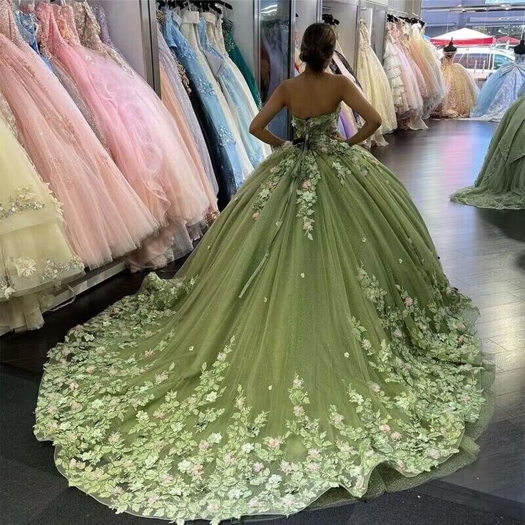 Modest Ball Gown Sweetheart Tulle Long Sage Green Formal Sweet 16 Dress Prom Dresses