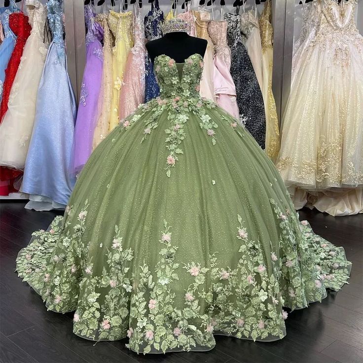 Modest Ball Gown Sweetheart Tulle Long Sage Green Formal Sweet 16 Dress Prom Dresses