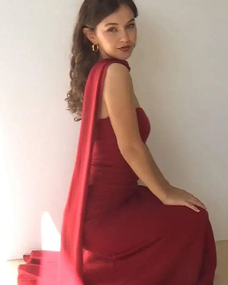 Modest Mermaid Strapless Red Long Prom Dress Evening Dresses With Ribbon