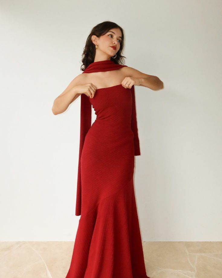 Modest Mermaid Strapless Red Long Prom Dress Evening Dresses With Ribbon