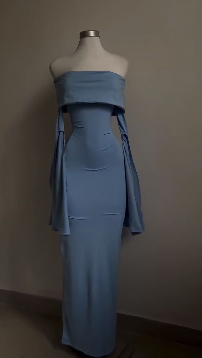 Modest Sheath Strapless Blue Long Sleeves Prom Dress Evening Dresses