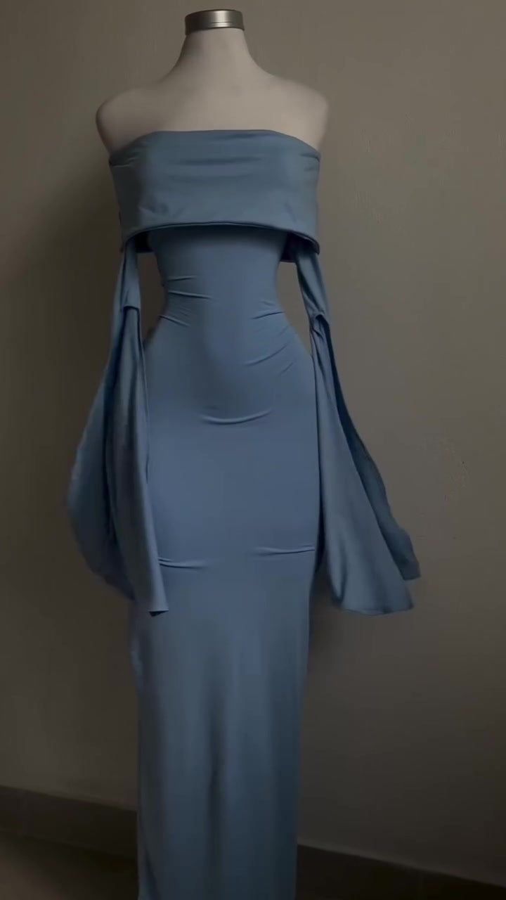 Modest Sheath Strapless Blue Long Sleeves Prom Dress Evening Dresses