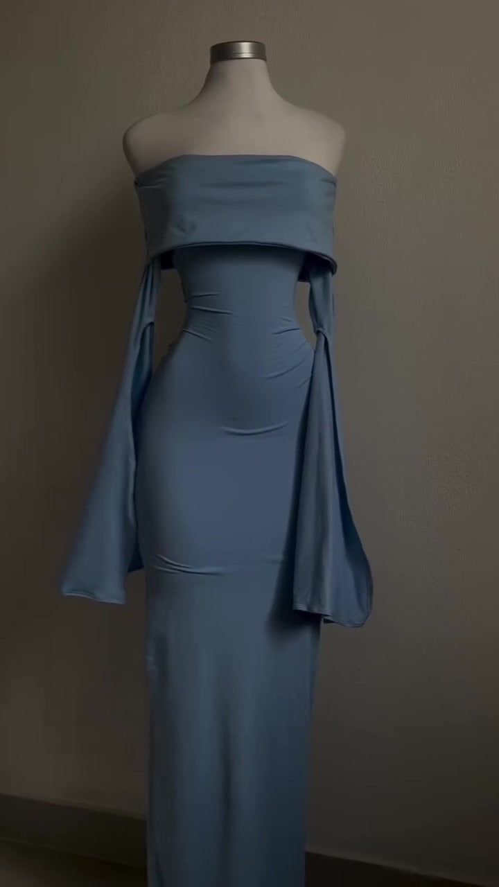 Modest Sheath Strapless Blue Long Sleeves Prom Dress Evening Dresses