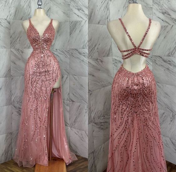 Modest Sheath Straps Long Slit Prom Dress Evening Dresses