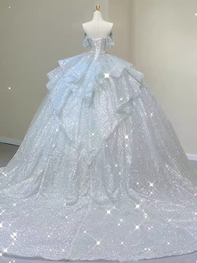 Luxury Ball Gown Off The Shoulder Short Sleeves Sequin Wedding Dress