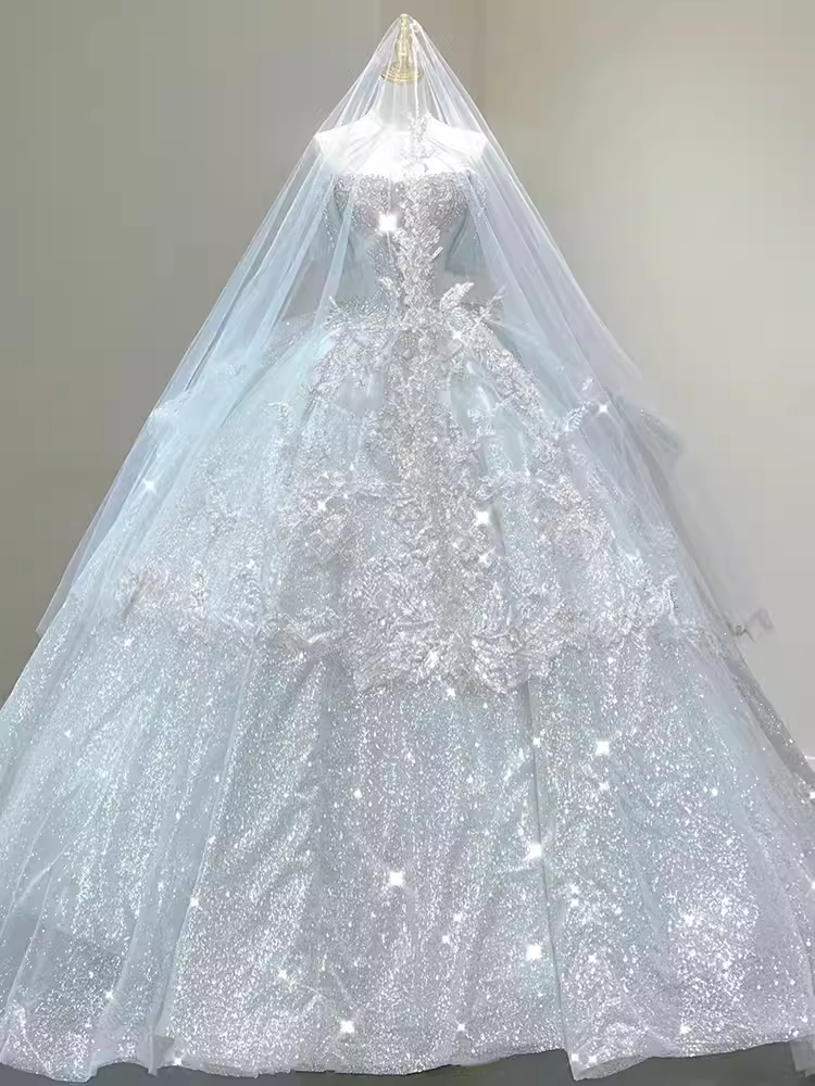 Luxury Ball Gown Off The Shoulder Short Sleeves Sequin Wedding Dress