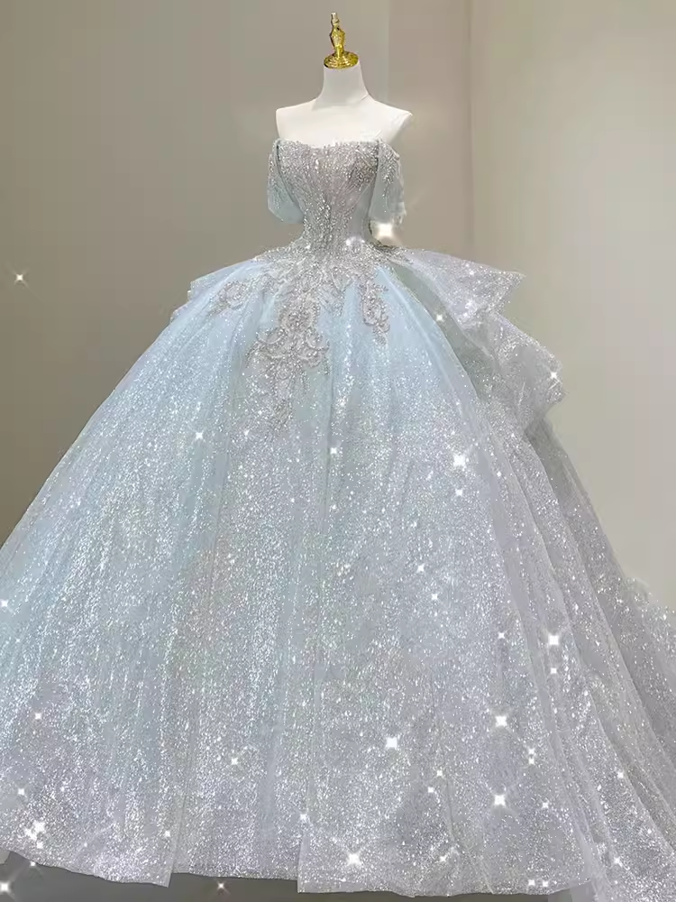 Luxury Ball Gown Off The Shoulder Short Sleeves Sequin Wedding Dress