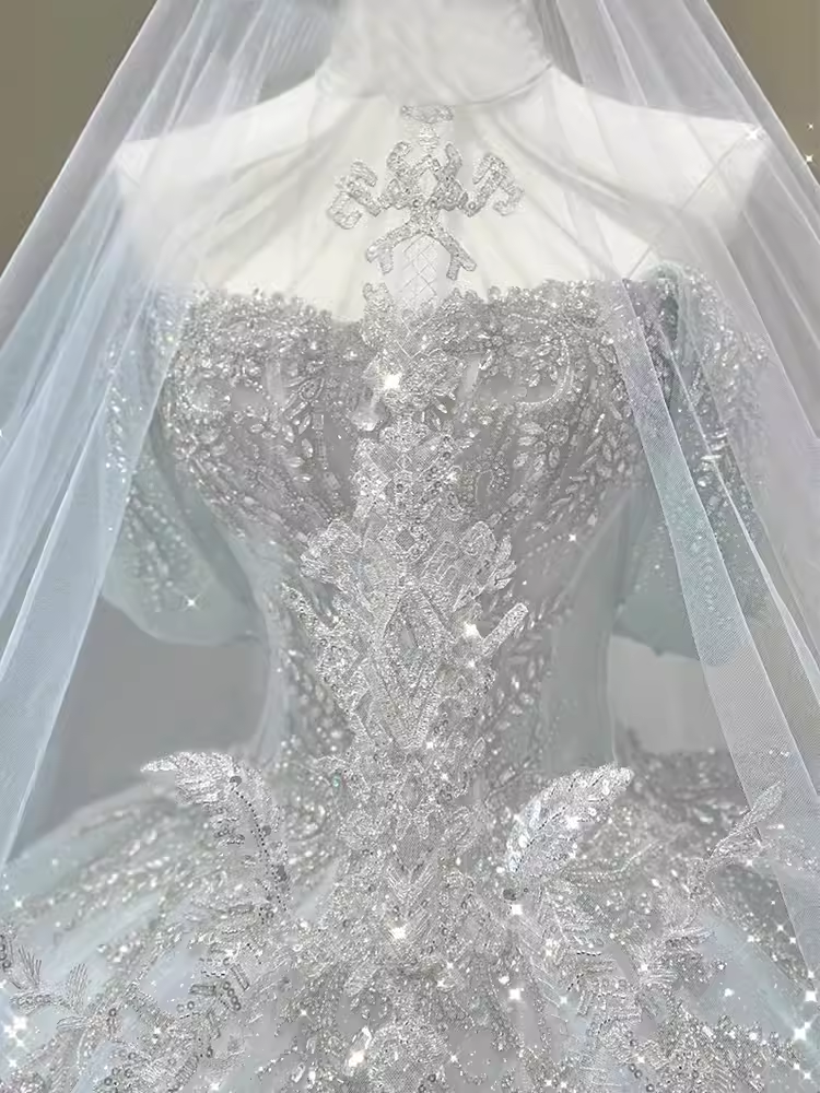 Luxury Ball Gown Off The Shoulder Short Sleeves Sequin Wedding Dress