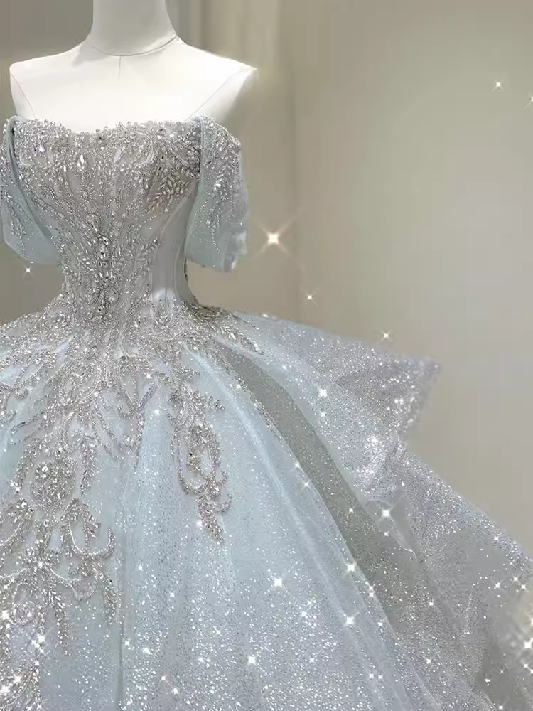 Luxury Ball Gown Off The Shoulder Short Sleeves Sequin Wedding Dress